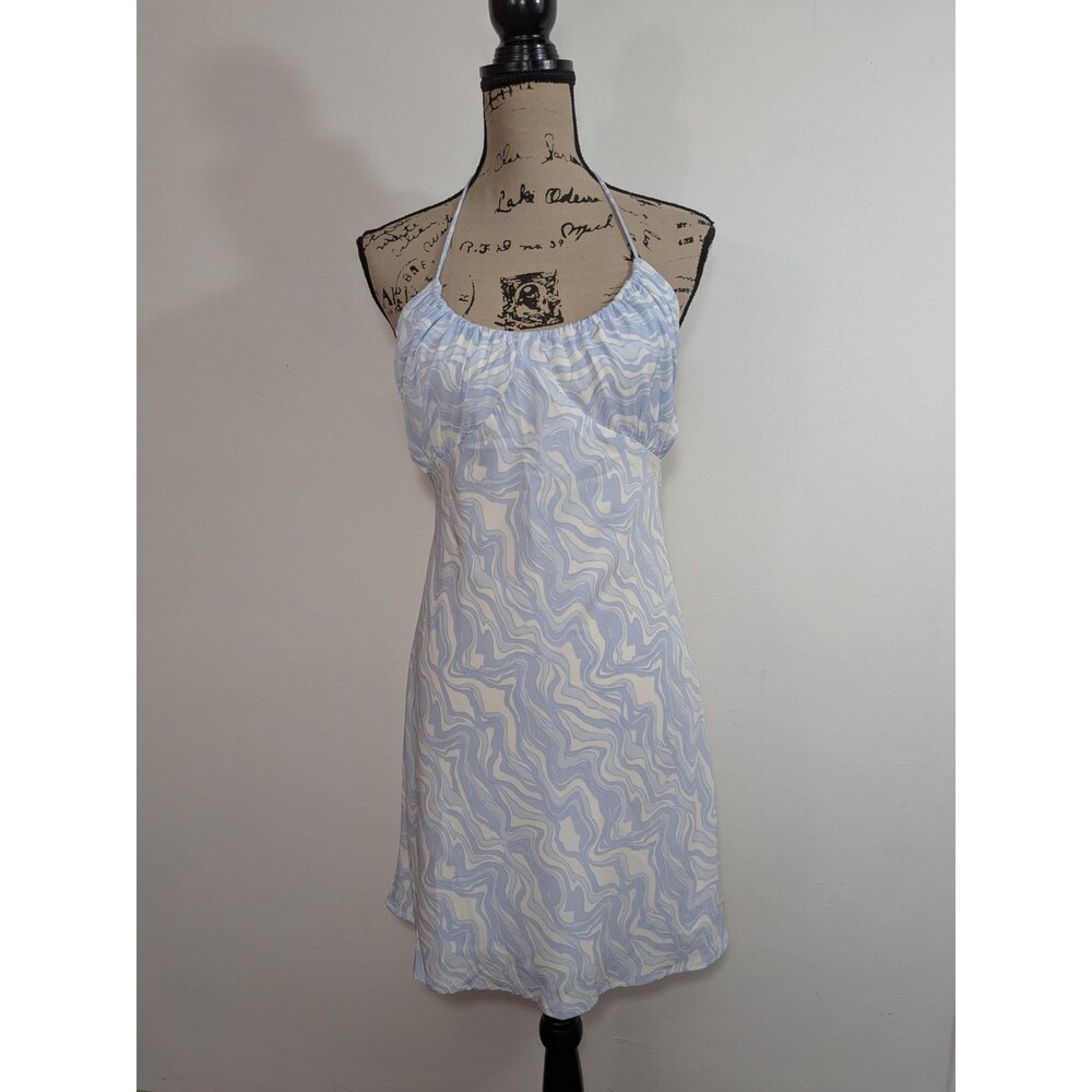 NWT Abercrombie & Fitch Halter Ruched Mini Dress Retro Blue Swirl Small Tall ST